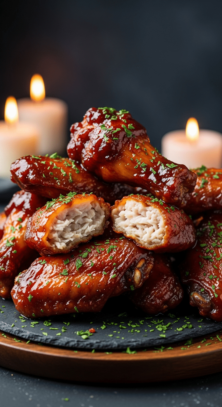A beautiful, rustic platter of homemade, festive, and crispy Baked Honey BBQ Wings, with a glossy, sticky, and "lacquered" honey-BBQ glaze.