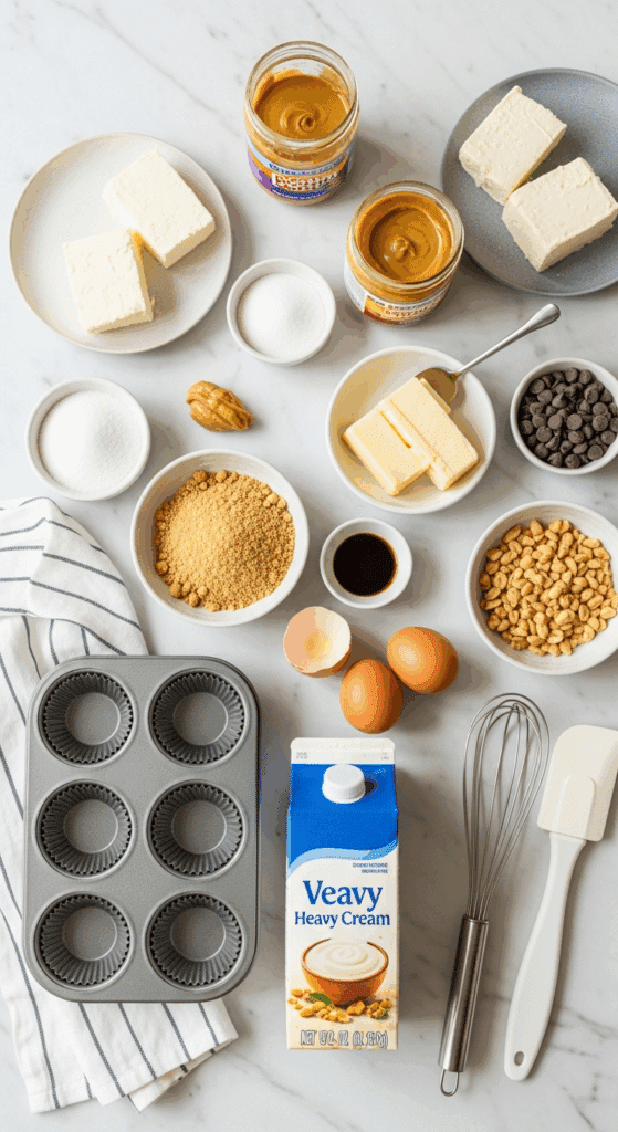 Ingredients for mini peanut butter cheesecakes including cream cheese, peanut butter, graham crackers, and eggs.