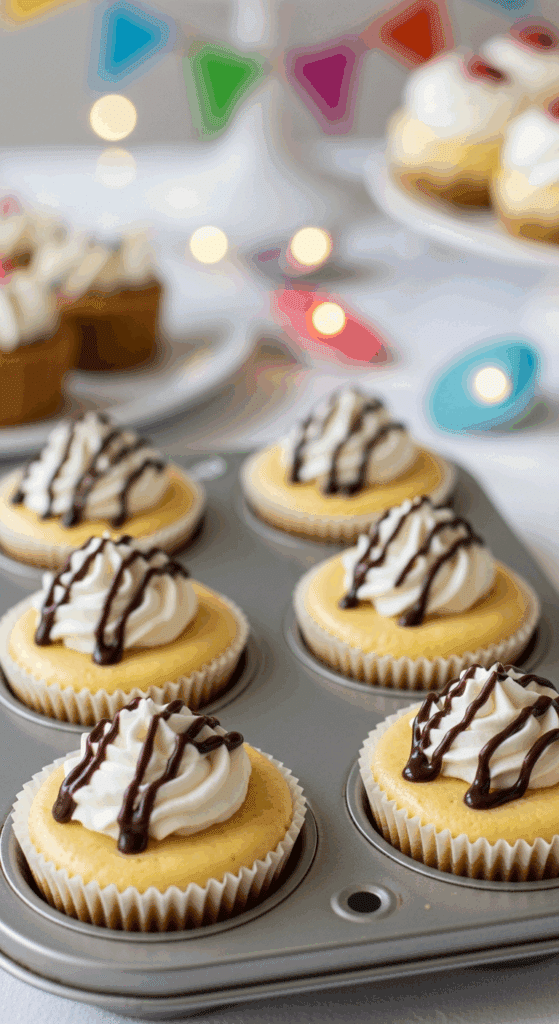 Tray of six mini peanut butter cheesecakes with whipped cream and chocolate drizzle.