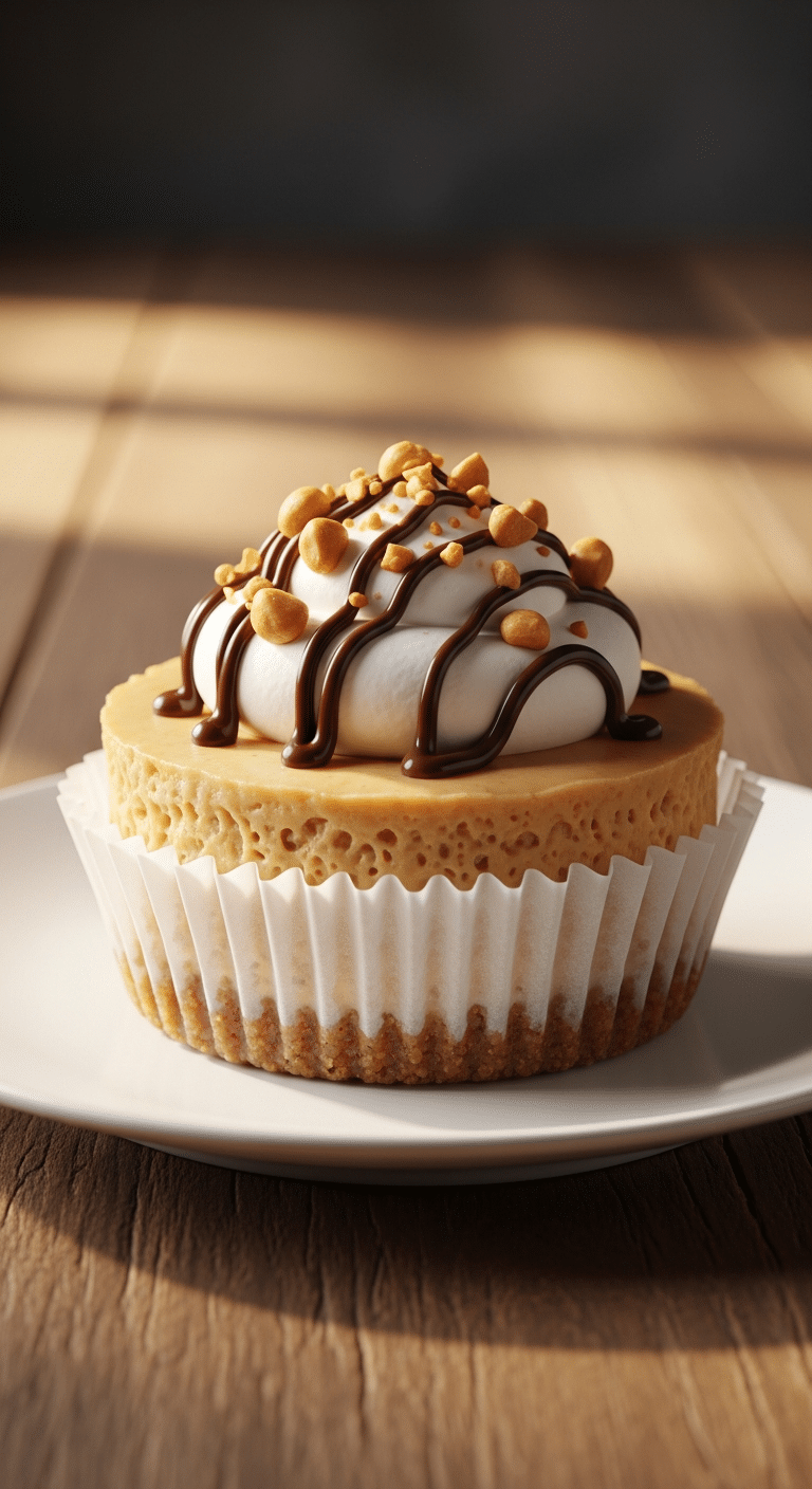 Individual mini peanut butter cheesecake with whipped cream, chocolate drizzle, and chopped peanuts.