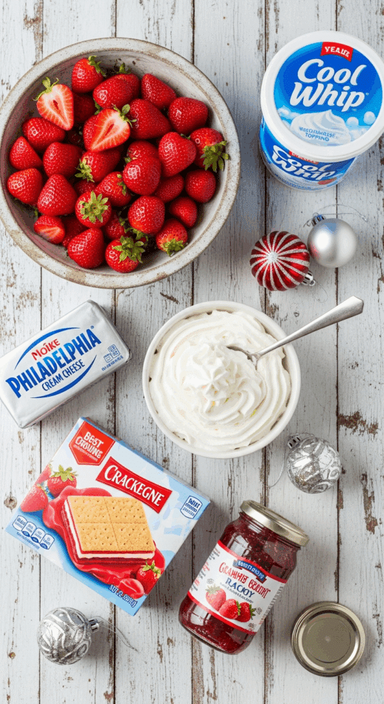 The simple, from-scratch ingredients for the classic and impressive Holiday "No-Bake" Strawberry Cheesecake Lasagna.