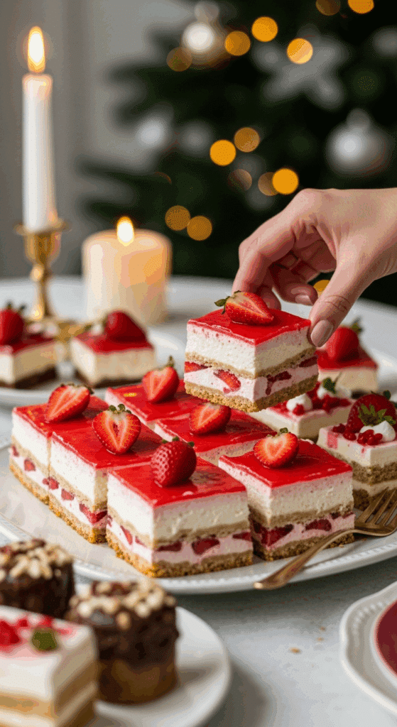 The impressive, homemade platter of beautiful and festive "No-Bake" Strawberry Cheesecake Lasagna being served as the centerpiece on a dessert table at a sophisticated Christmas party