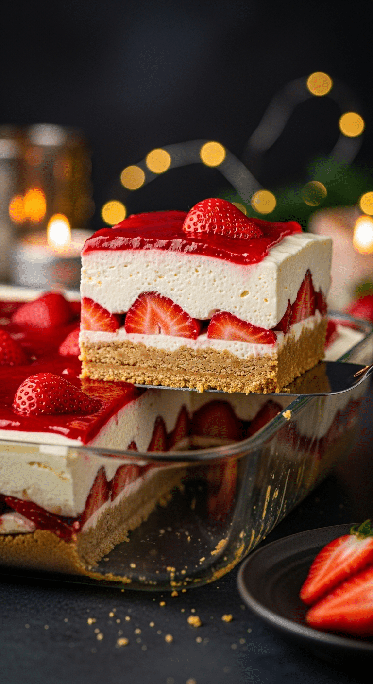 A beautiful, rustic glass baking dish of homemade, festive, and layered "No-Bake" Strawberry Cheesecake Lasagna, with one clean-cut slice being lifted out to show the layers.