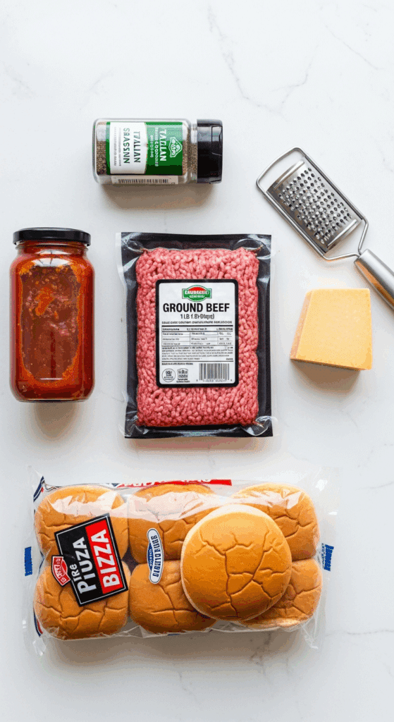 The simple pantry ingredients needed to make pizza burgers: ground beef, buns, cheese, and sauce.