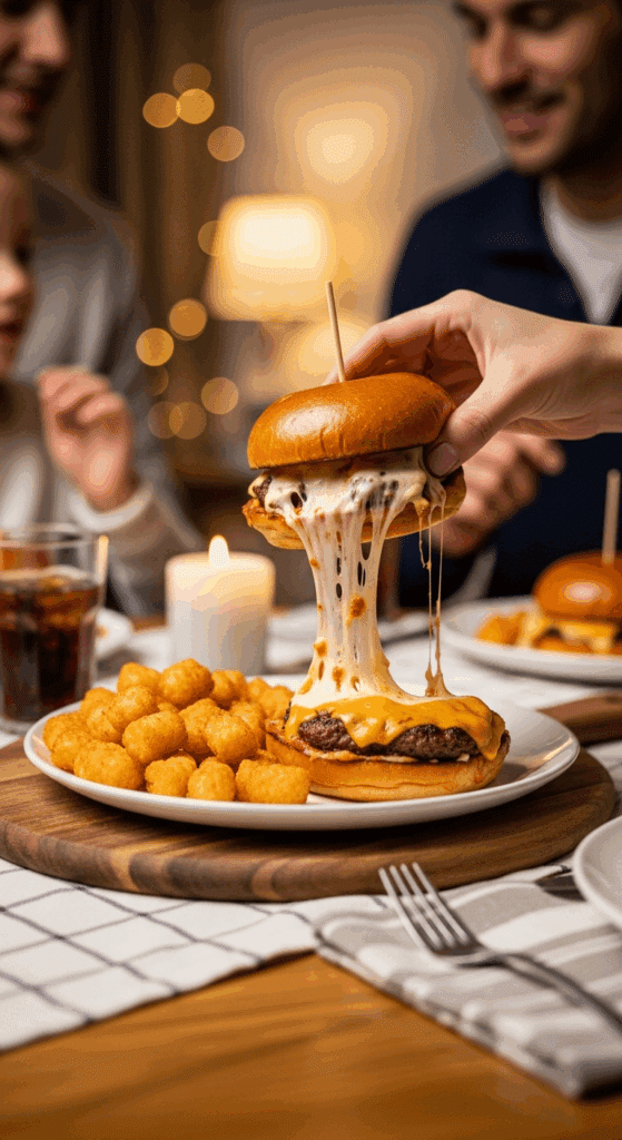 A hand holding a delicious, warm pizza burger ready to eat.
