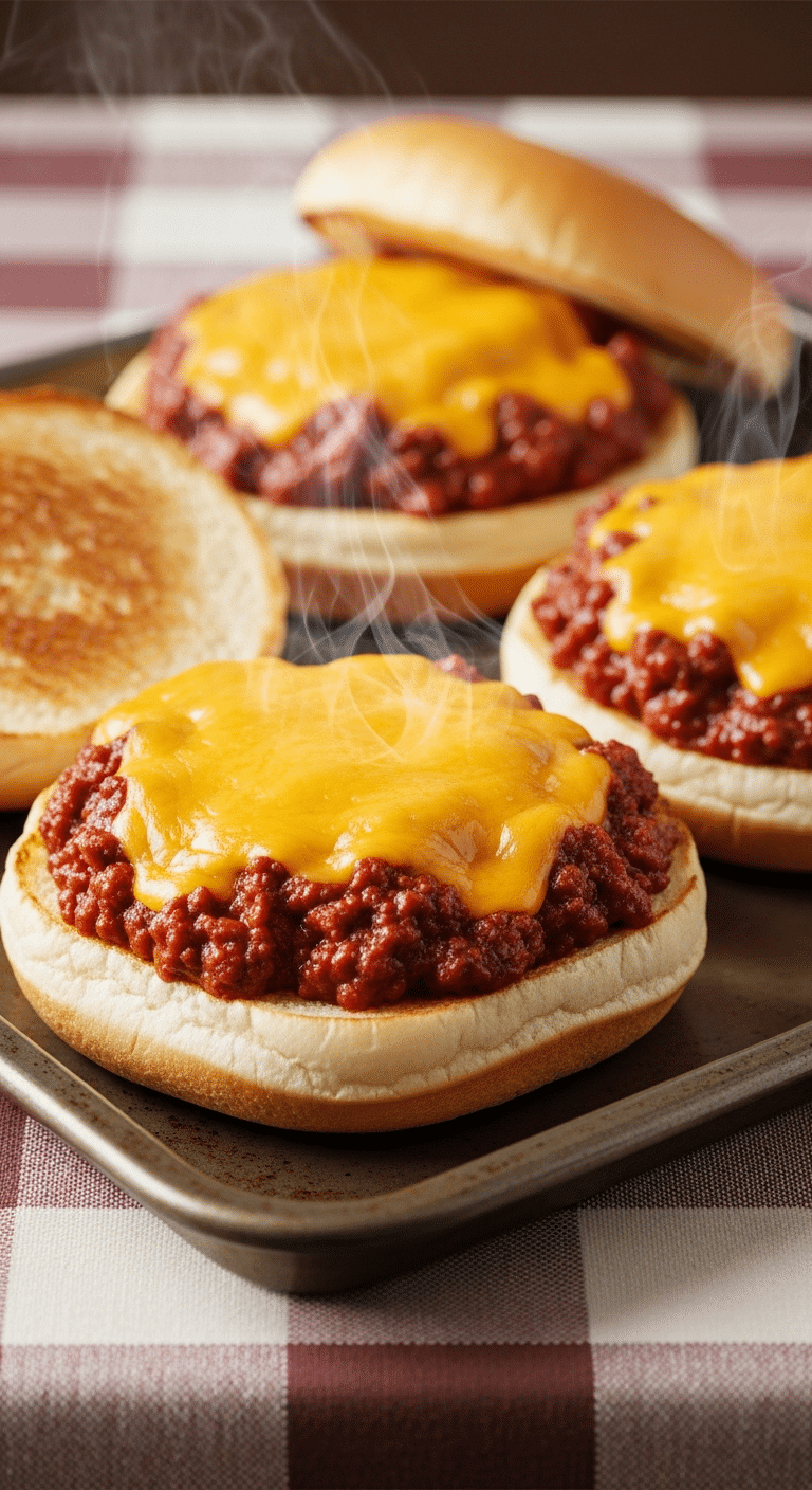 A tray of hot, open-faced pizza burgers with melted cheddar cheese and savory ground beef sauce.