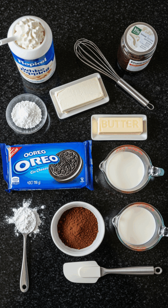 Ingredients for Oreo Delight including Oreo cookies, cream cheese, butter, chocolate pudding mix, and milk.
