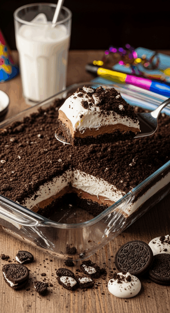 Glass dish of Oreo Delight being served with a spatula, next to a glass of milk.