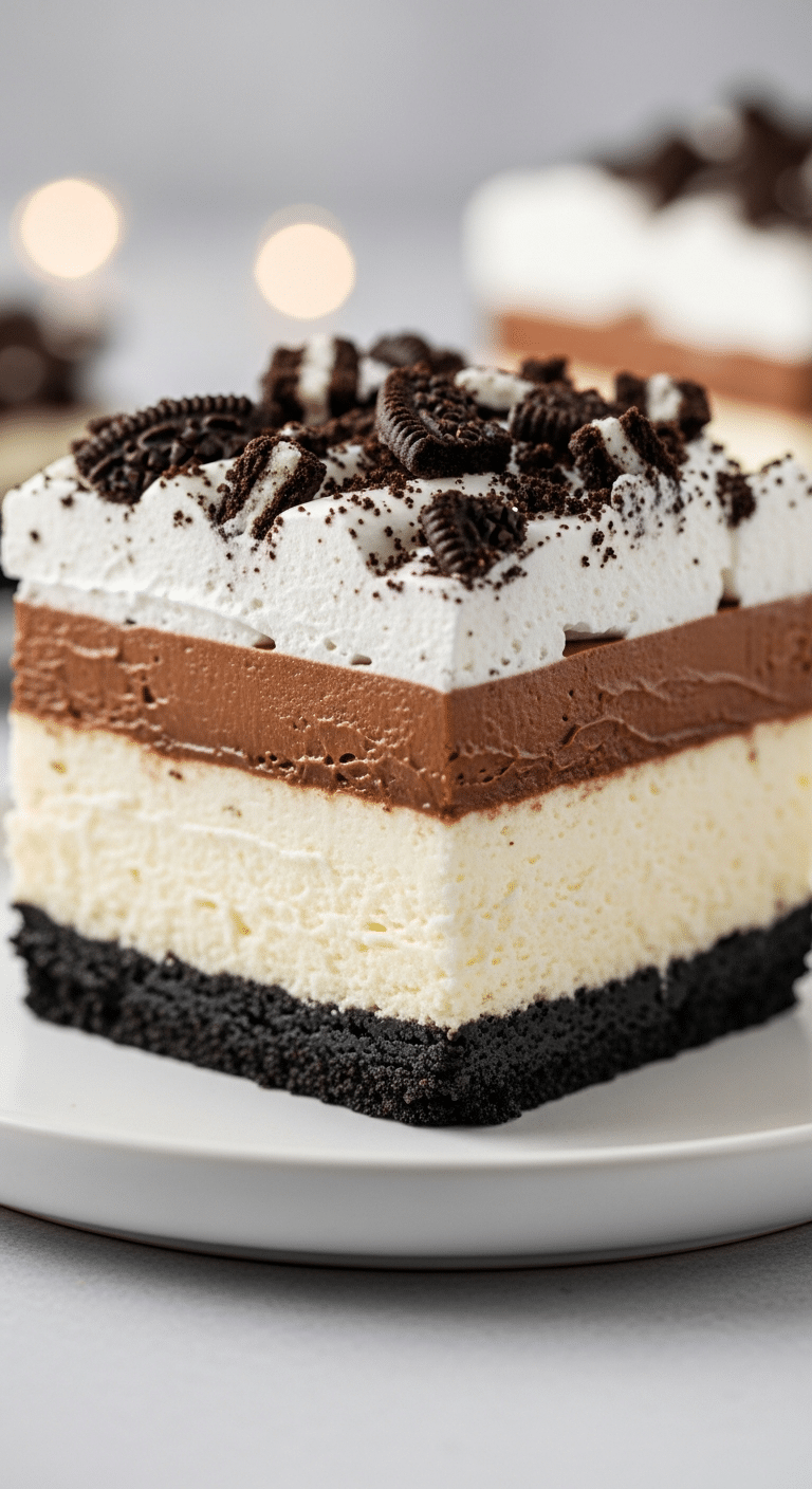 Slice of Oreo Delight dessert showing layers of cookie crust, cream cheese, chocolate pudding, and whipped topping.