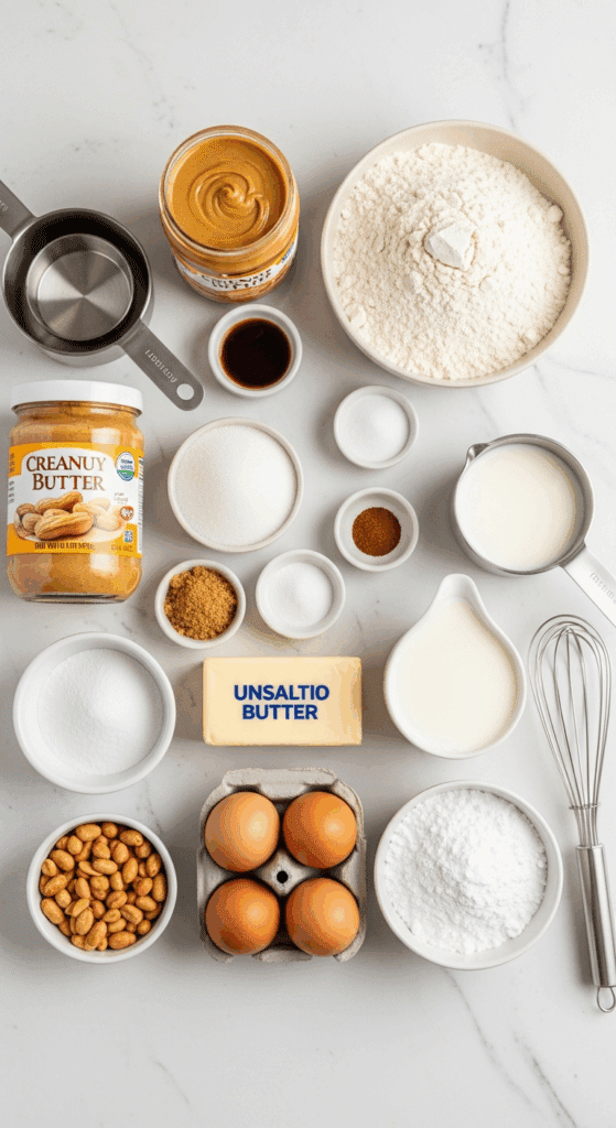 Ingredients for peanut butter cake and frosting including peanut butter, flour, sugar, butter, and eggs.