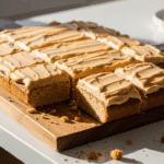 Full peanut butter sheet cake with frosting cut into squares on a wooden board.