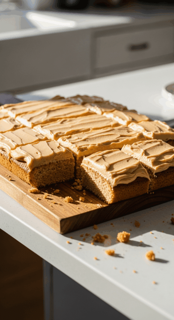 Full peanut butter sheet cake with frosting cut into squares on a wooden board.