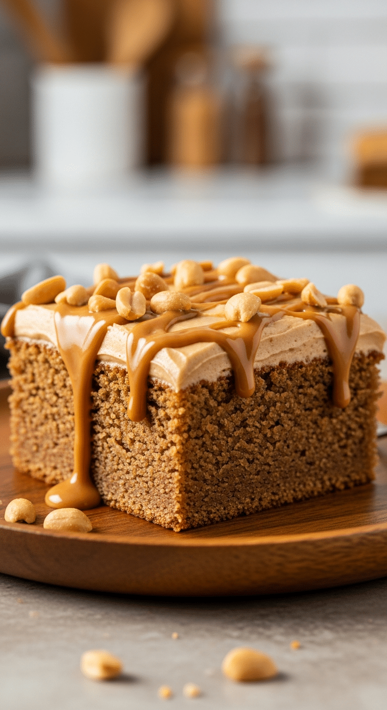 Slice of moist peanut butter sheet cake with thick peanut butter frosting and chopped peanuts.