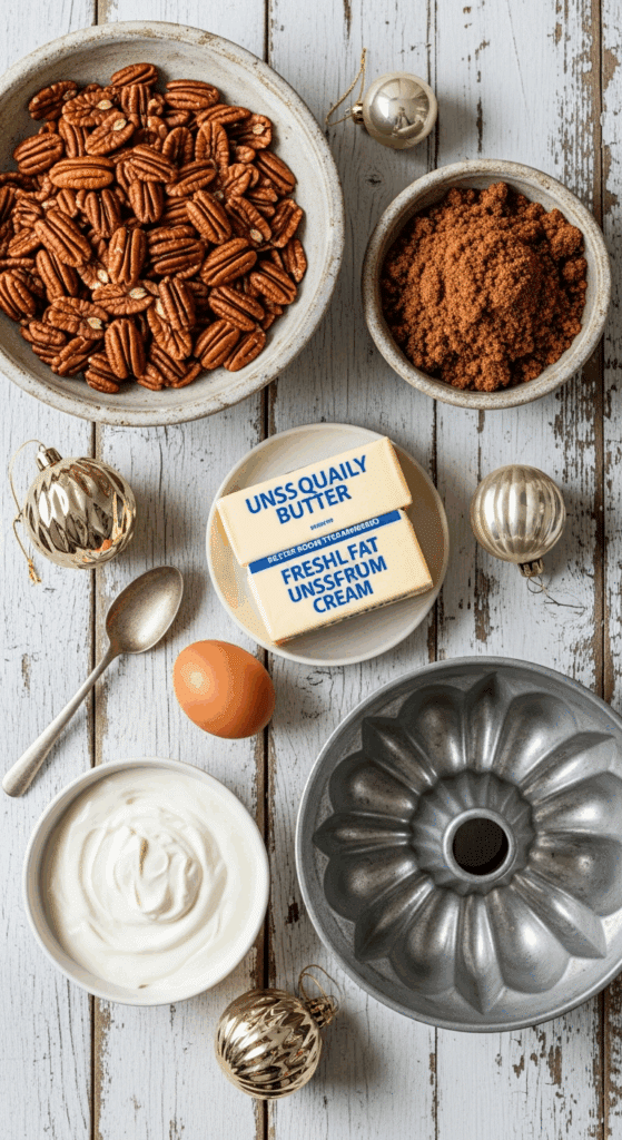 The simple, from-scratch ingredients for the classic and impressive Holiday Pecan Upside-Down Bundt Cake.