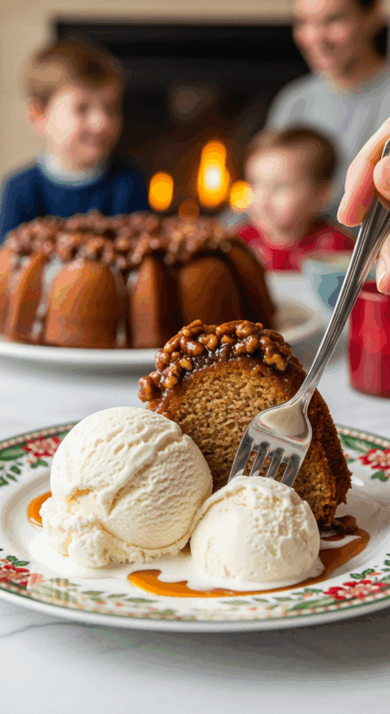 A beautiful plate with a homemade, festive, and moist slice of a Pecan Upside-Down Bundt Cake, being served with a melting scoop of vanilla bean ice cream.