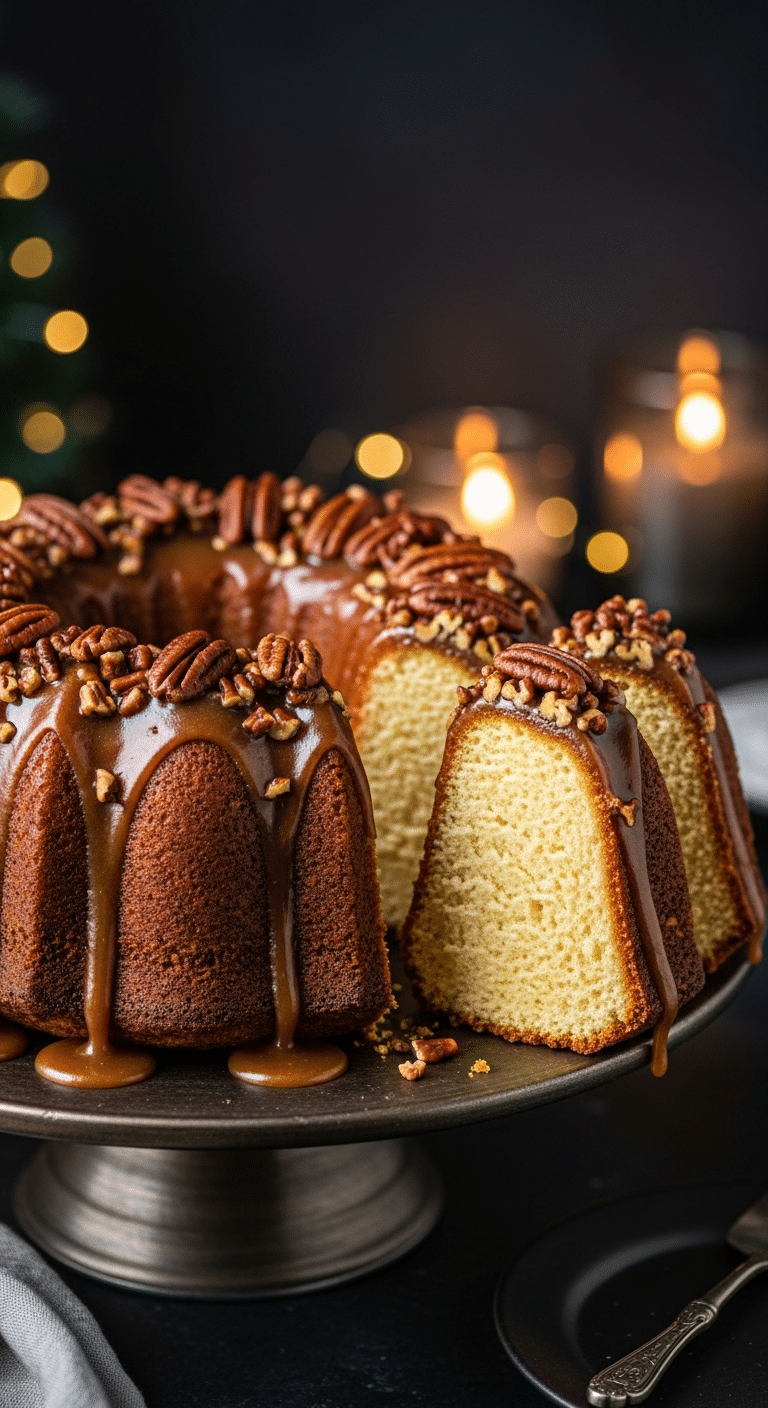 A beautiful, elegant cake stand with a homemade, old-fashioned Pecan Upside-Down Bundt Cake, with a gooey, caramel-pecan glaze and a thick slice cut to show the velvety, yellow crumb.