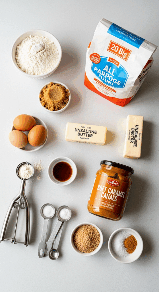 Ingredients for salted caramel stuffed cookies: flour, sugars, butter, eggs, caramel, and sea salt.