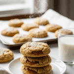 Stack of three warm salted caramel stuffed cookies next to a glass of milk.