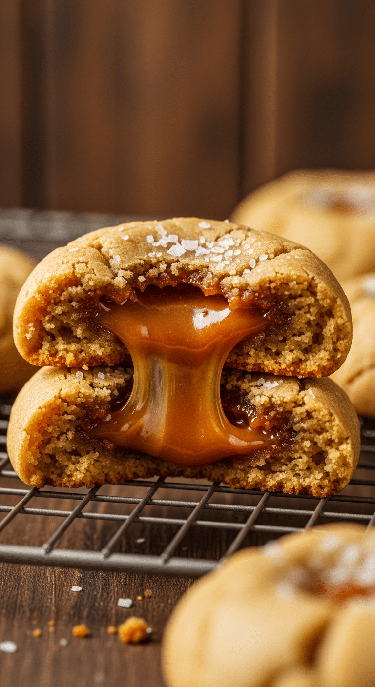 Warm salted caramel stuffed cookie broken open, showing the gooey caramel center and sea salt flakes.