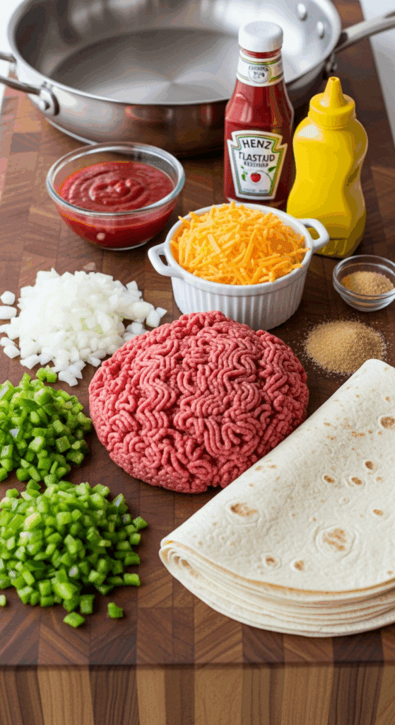 Ingredients for Sloppy Joe burritos: ground beef, tortillas, peppers, onions, cheese, and tomato sauce.