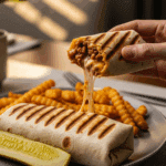 Hand holding a grilled Sloppy Joe burrito served with fries and a pickle.