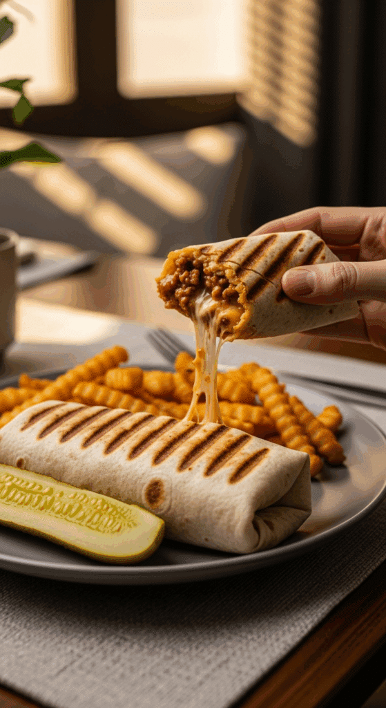Hand holding a grilled Sloppy Joe burrito served with fries and a pickle.