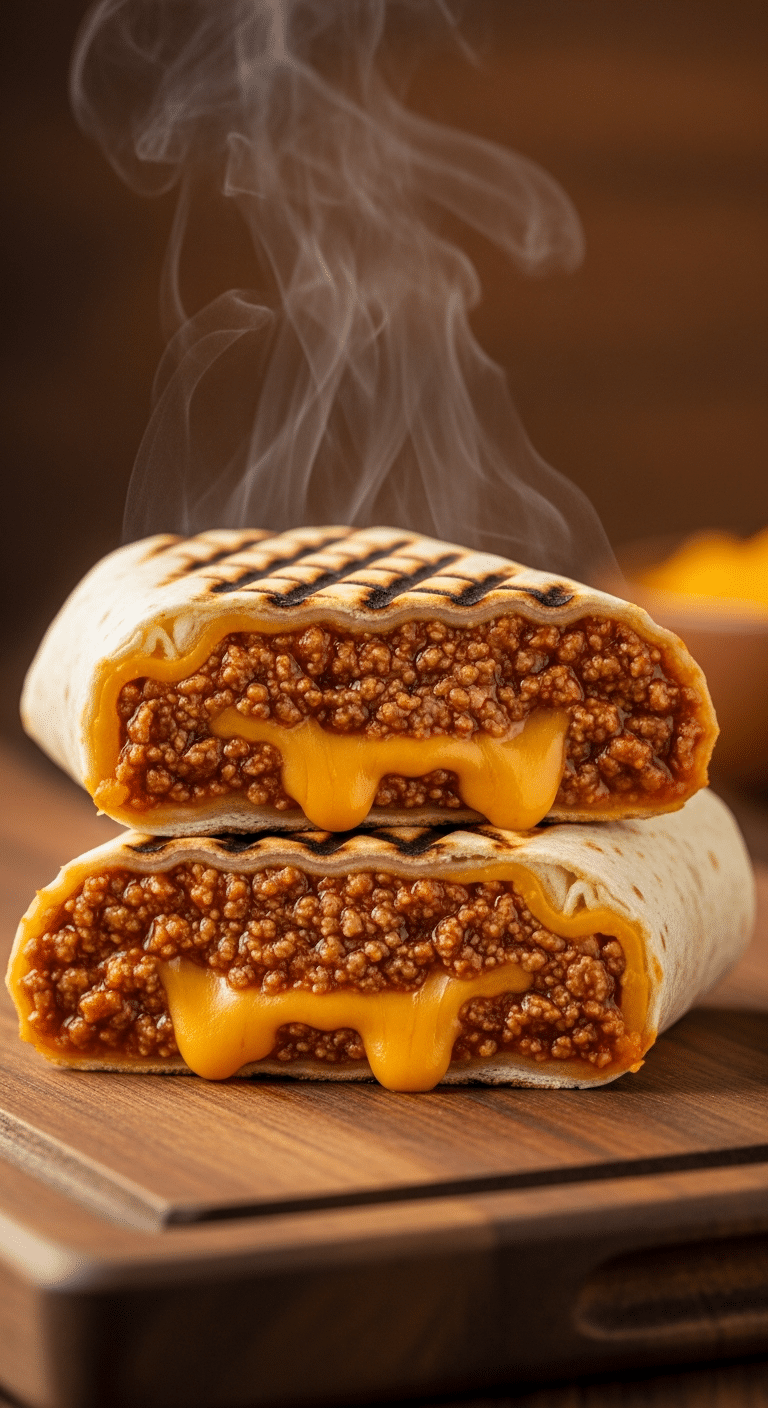 Grilled Sloppy Joe burrito cut in half showing cheesy ground beef filling and toasted tortilla.