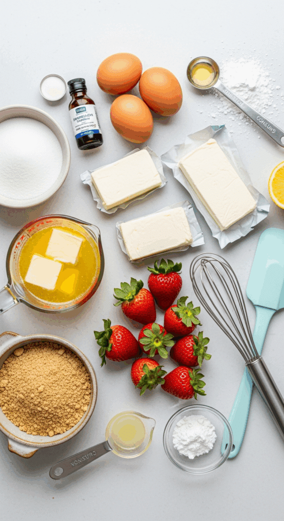 Ingredients for strawberry cheesecake bars: graham crackers, cream cheese, sugar, eggs, and fresh strawberries.