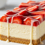 Tray of strawberry cheesecake bars cut into squares, ready for serving.