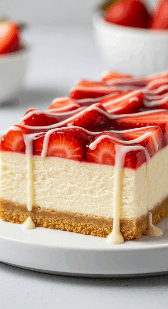 Tray of strawberry cheesecake bars cut into squares, ready for serving.