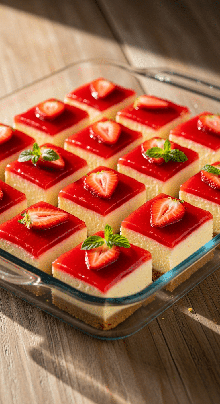Square strawberry cheesecake bar with graham cracker crust, creamy filling, and fresh strawberry topping.