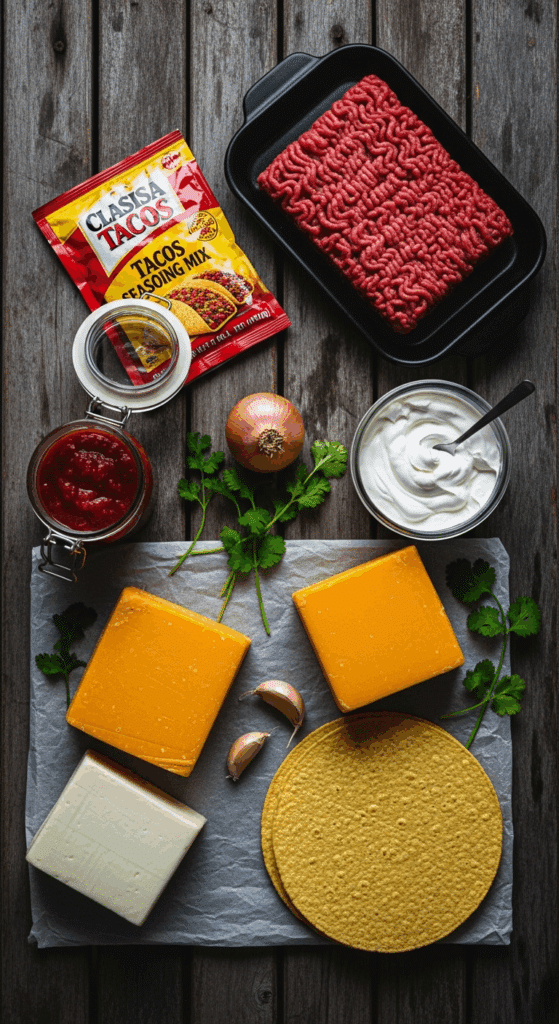 The simple, from-scratch ingredients for the classic and impressive "Famous" Taco Lasagna.