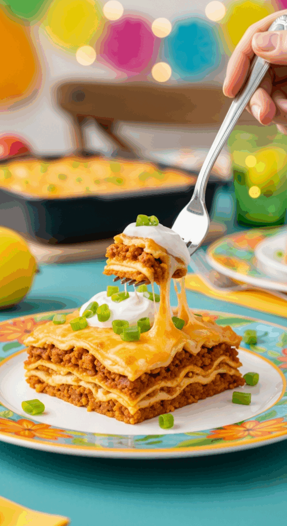 A beautiful plate of a homemade, elegant, and layered "Famous" Taco Lasagna, being served with a dollop of sour cream at a family dinner.