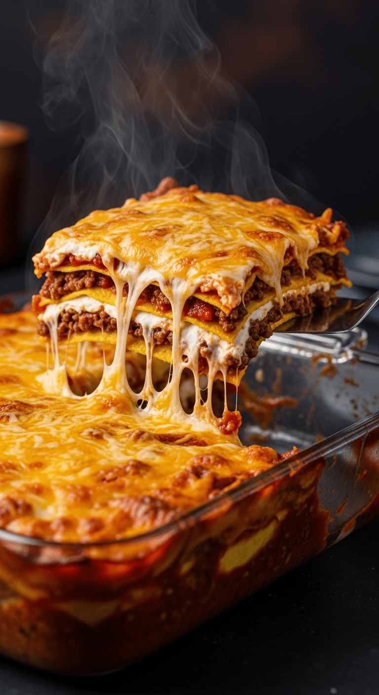 A beautiful, rustic baking dish of homemade, easy, and classic "Famous" Taco Lasagna, with a golden-brown, crispy crust and a cheesy, layered slice being lifted out.