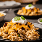 Plated scoop of Doritos Chicken Casserole with sour cream and cilantro garnish.