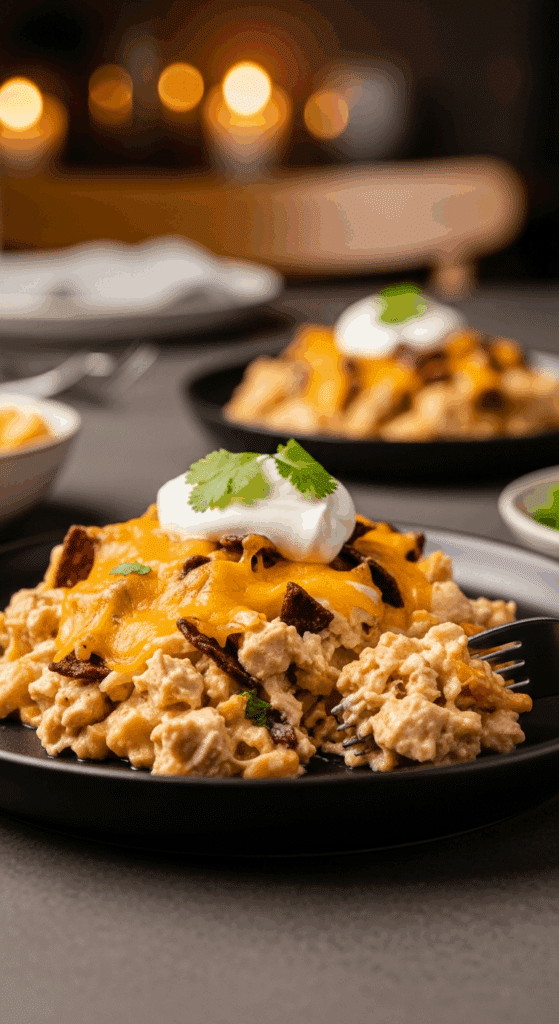 Plated scoop of Doritos Chicken Casserole with sour cream and cilantro garnish.