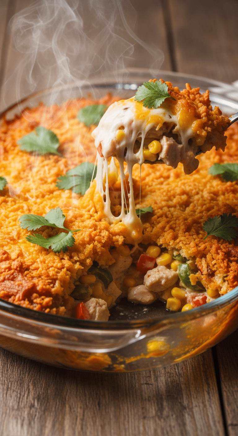 Hot Doritos Chicken Casserole with a crispy, cheesy Doritos topping and creamy chicken filling.