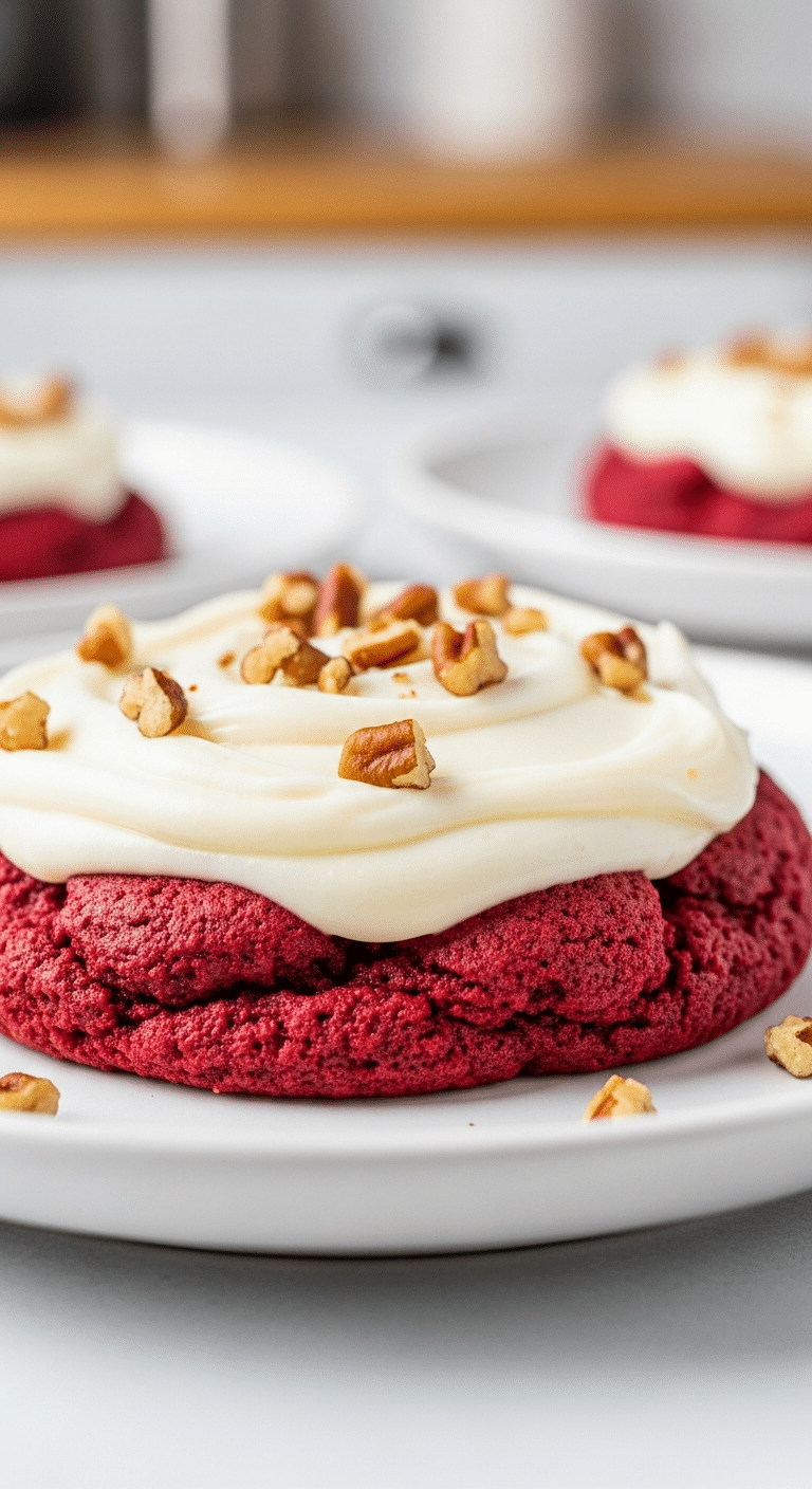 Soft red velvet sheet cake cookie topped with cream cheese frosting and pecans.
