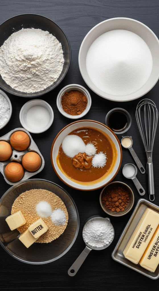 Ingredients for salted caramel chocolate cake: flour, cocoa, sugars, butter, cream, eggs, and sea salt.