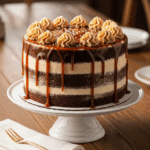 Whole three-layer salted caramel chocolate cake on a cake stand with caramel drip and sea salt.