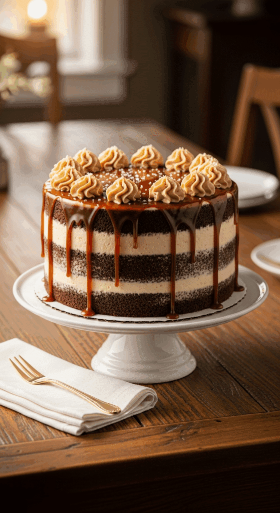 Whole three-layer salted caramel chocolate cake on a cake stand with caramel drip and sea salt.