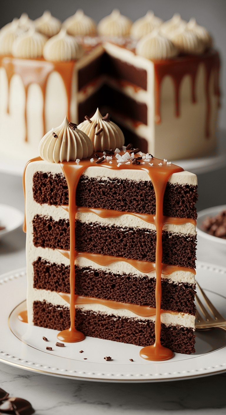 Slice of salted caramel chocolate cake with rich frosting and caramel drip, garnished with sea salt.