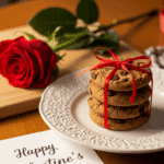 Stack of Valentine's Day chocolate chip cookies tied with a red ribbon and a card.