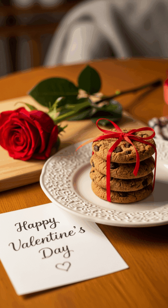 Stack of Valentine's Day chocolate chip cookies tied with a red ribbon and a card.