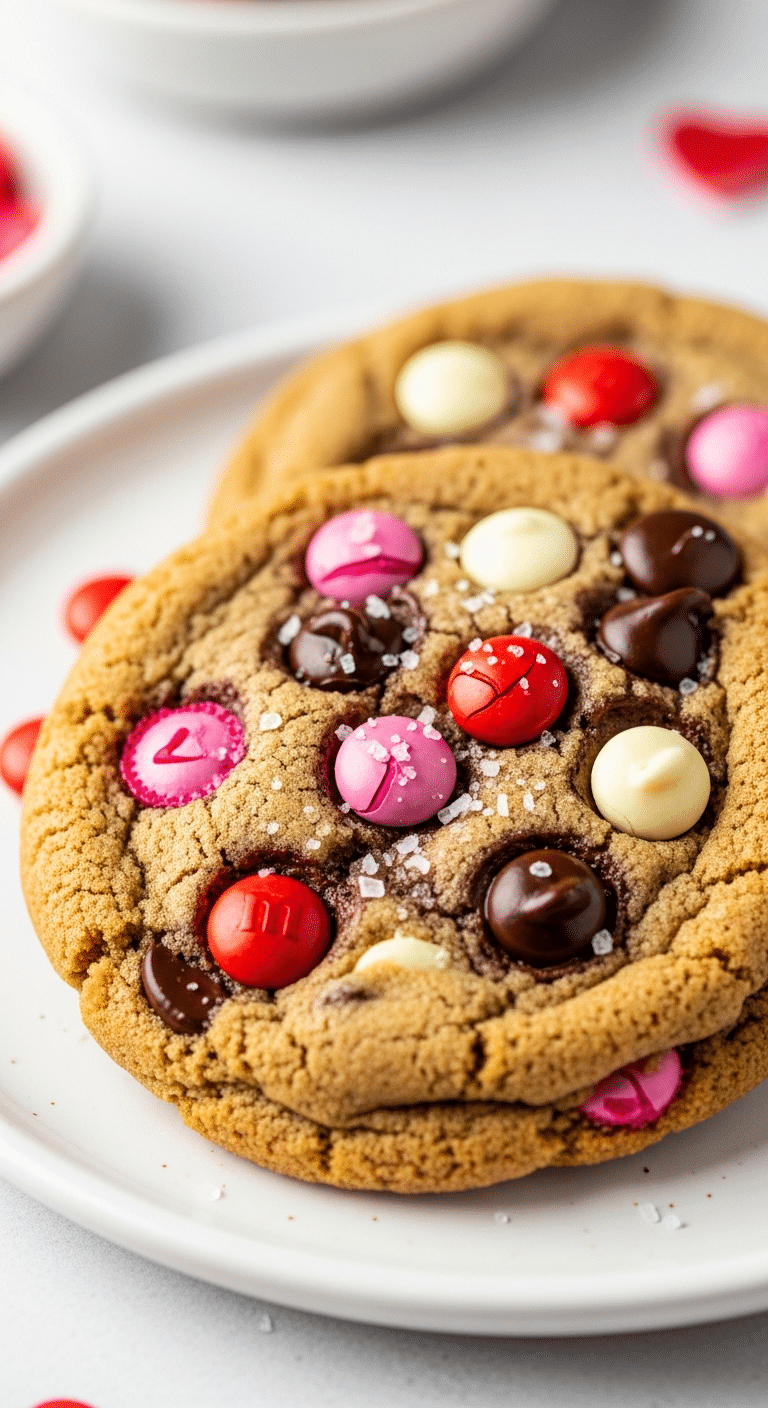 Warm chocolate chip cookie with melted red, pink, and white chocolate chips for Valentine's Day.