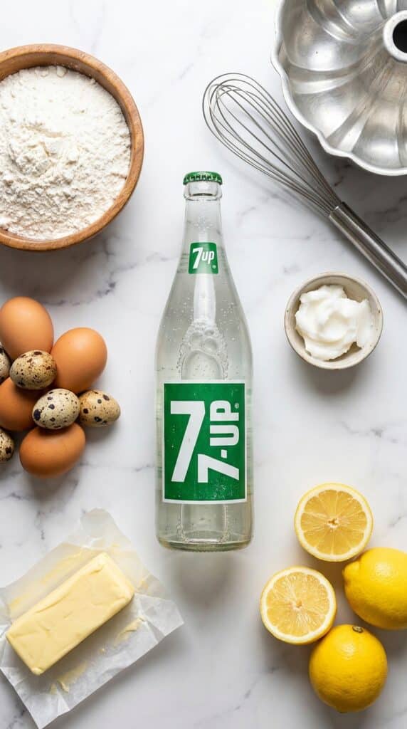 Ingredients for pound cake including flour, eggs, butter, lemons, and a bottle of 7 Up soda on a marble counter.