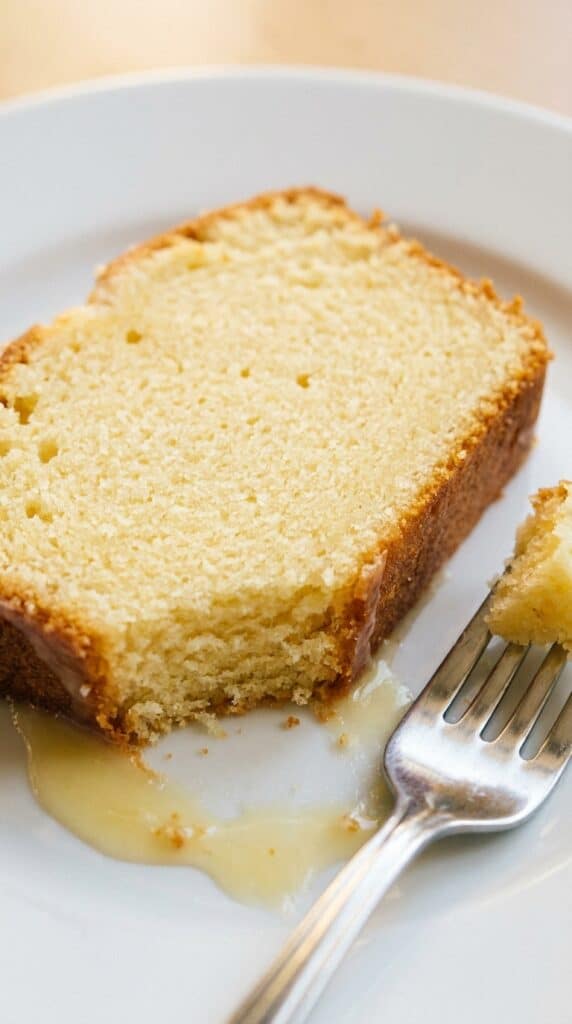 A close-up of a slice of 7 Up Pound Cake showing its fine, moist texture and golden crust with lemon glaze.