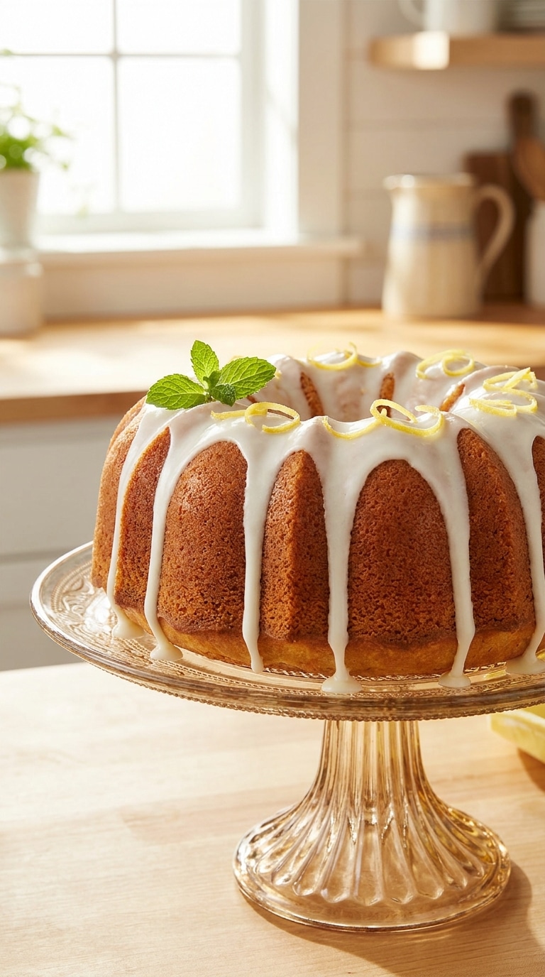 A golden-brown 7 Up Pound Cake with a thick white lemon glaze dripping down its sides, served on a glass stand.