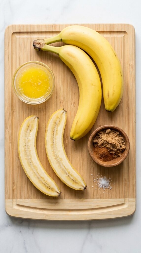 Two bananas, a bowl of cinnamon sugar, and melted butter arranged neatly on a wooden board.