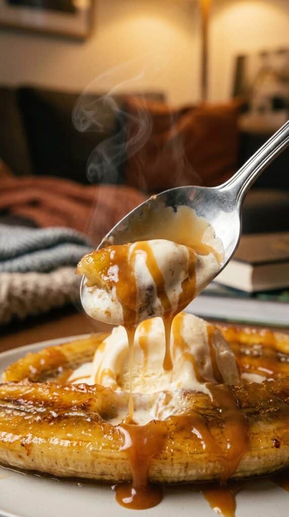 A spoon scooping a bite of warm caramelized banana and melting ice cream, showing a soft texture.